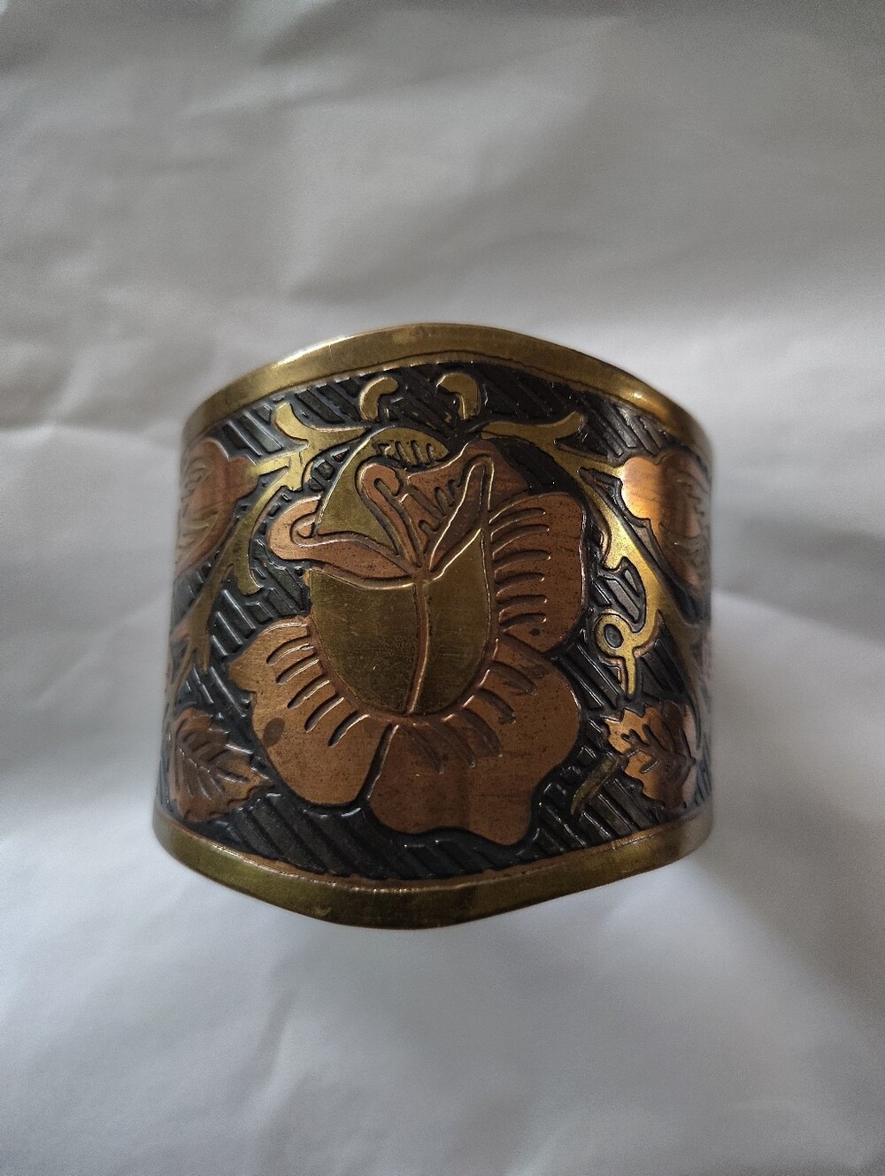 Vintage Mixed Metal Wide Cuff Bracelet Tri-Tone Boho Floral Rose Open Bangle